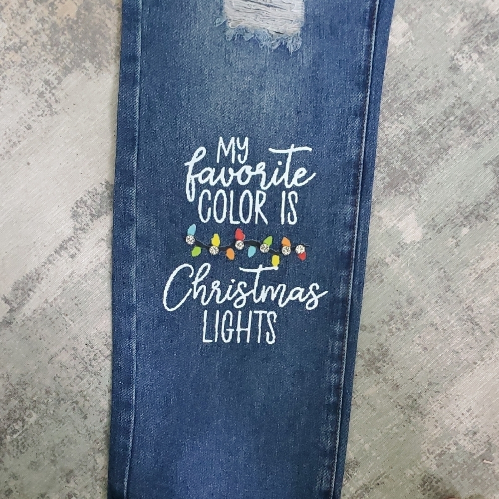 Blue Distressed Jeans with Christmas Lights Design - Picture 2 of 9
